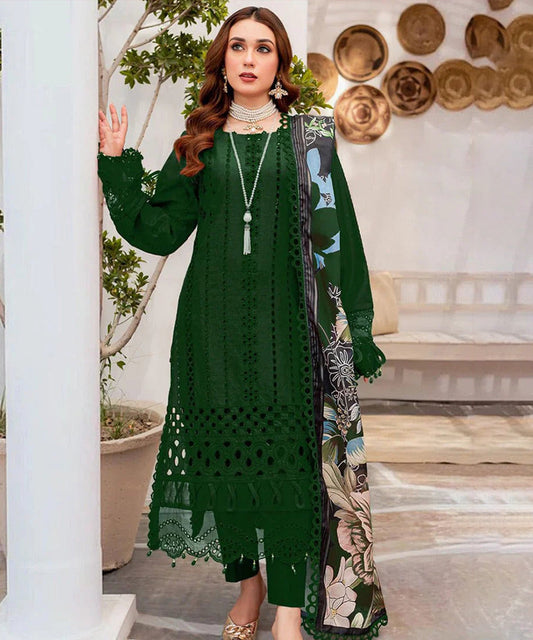 Maria B 3pc Chikenkari Lawn Embroidered With Printed Dupatta-1067